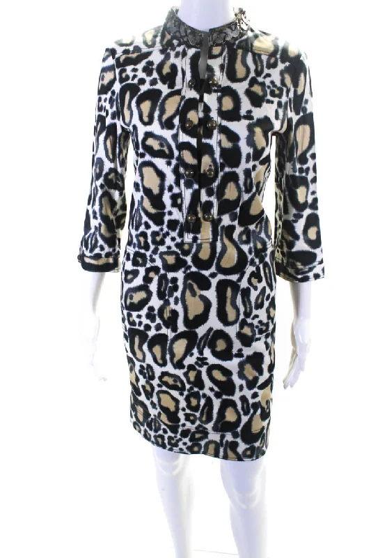 ladies-shirt-dress-social-media-SoCa St. John Womens 3/4 Sleeve Spotted Shirt Dress White Black Brown