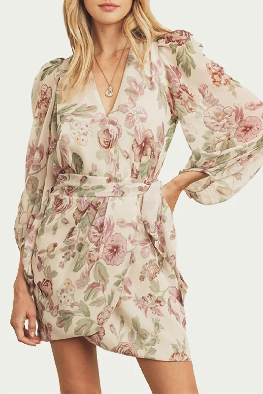 ladies-mini-dress-linen-lift-Wrap-Effect Floral-Print Georgette Mini Dress In Cream/Lavender