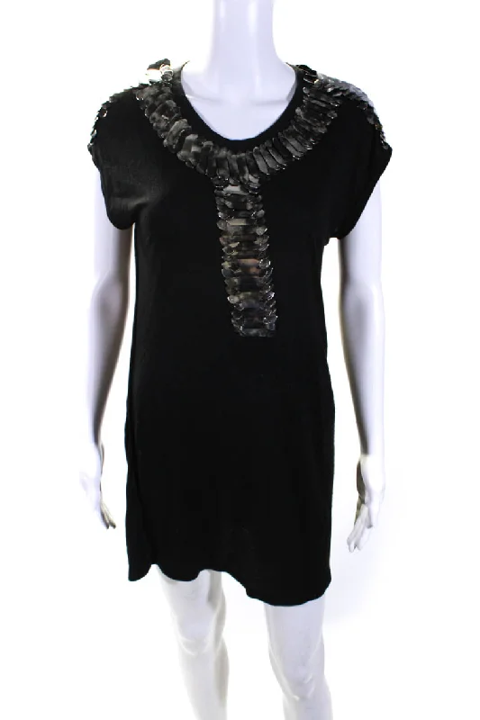 ladies-shirt-dress-winter-warmth-Givenchy Womens Metal Applique Short Sleeves Shirt Dress Black