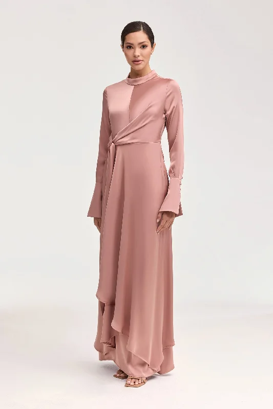 Women's maxi dress bold sweep -Serena Satin Side Tie Maxi Dress - Dusty Mauve