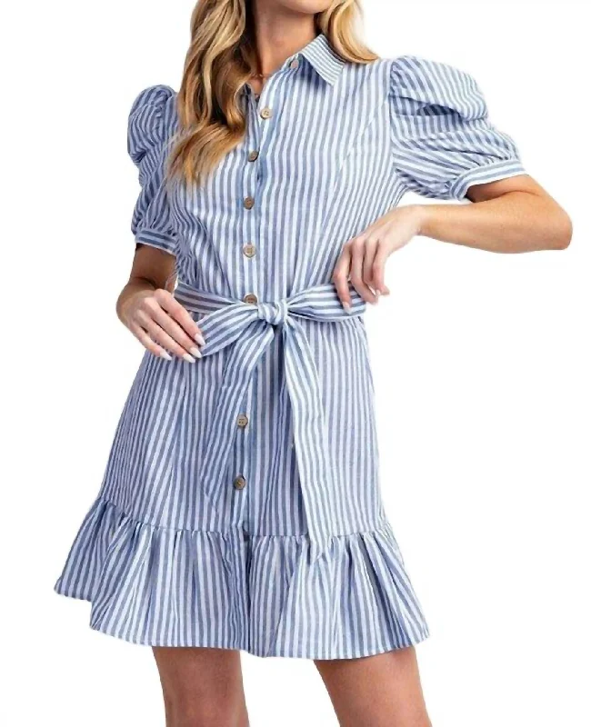 ladies-shirt-dress-fuchsia-flair-Cotton Striped Belted Shirt Dress In Blue