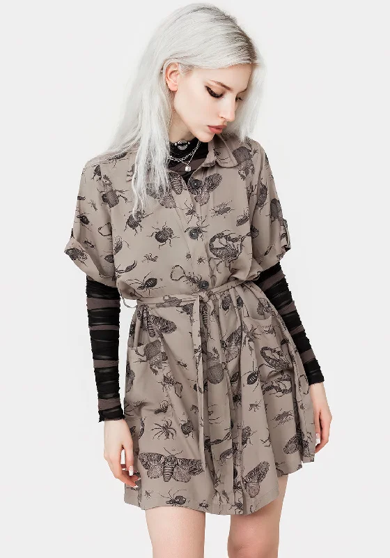 ladies-mini-dress-berry-blast-Parasite Bugs Print Mini Short Sleeve Shirt Dress - Taupe