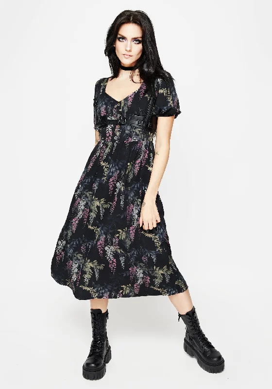 ladies-midi-dress-limited-luxe-Wisteria Floral Print Puff Sleeve Midi Dress