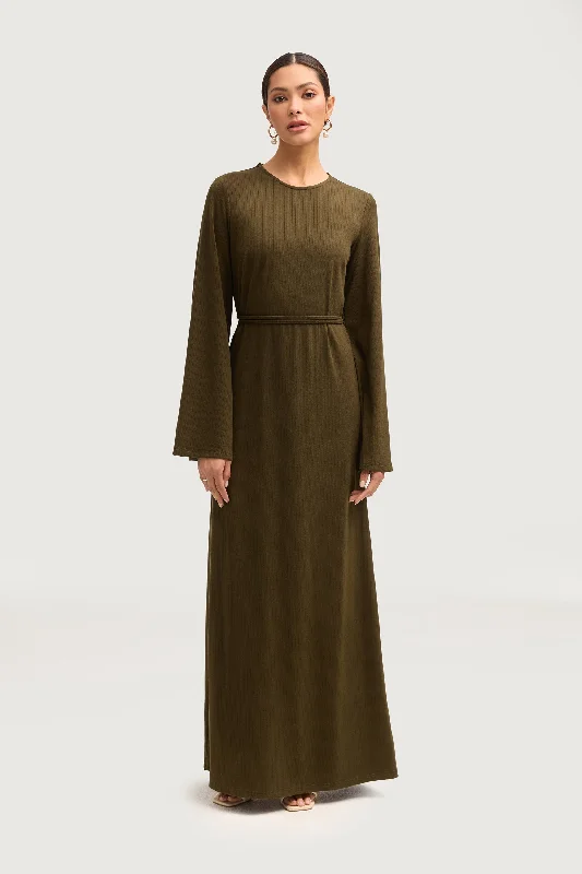 Women's maxi dress plush sweep -Ava Ribbed Maxi Dress - Olive