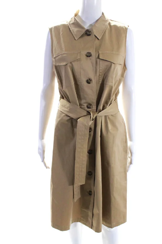 ladies-shirt-dress-picnic-outfit-Lafayette 148 New York Womens Belted Sateen Khaki Shirt Dress Honey Nut Large