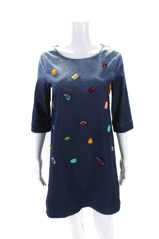 ladies-shirt-dress-tropical-vibe-Stella McCartney Womens Blue Cotton Beaded Detail 3/4 Sleeve Shirt Dress