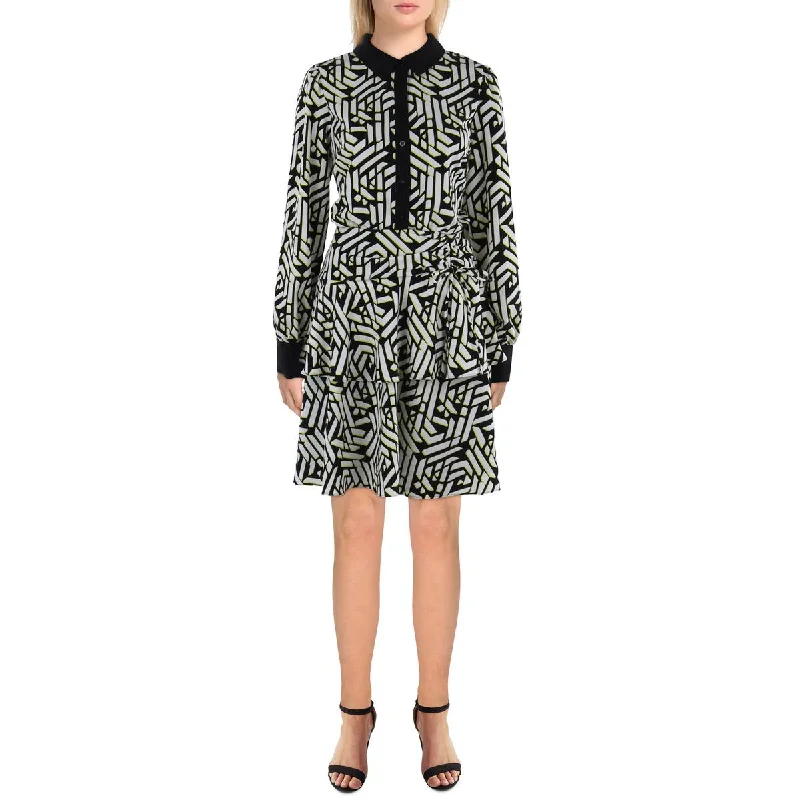 ladies-shirt-dress-versatile-wear-Womens Geometric Ruched Shirtdress