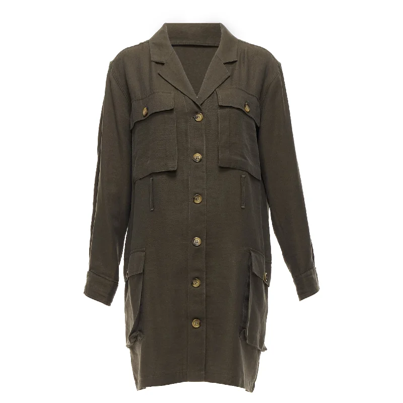 ladies-shirt-dress-travel-wardrobe-Anine Bing Kaiden Willow Dark Green Pocketed Safari Shirt Dress