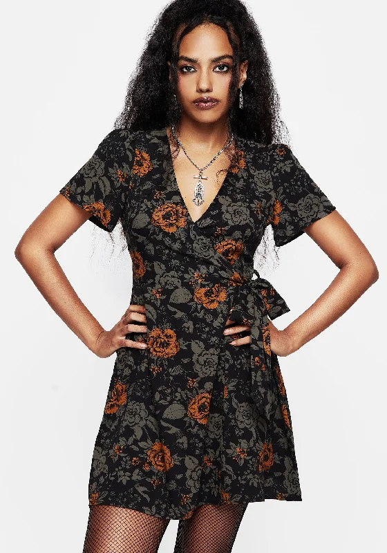 ladies-mini-dress-high-neck-hustle-Mortify Floral Print Mini Wrap Dress