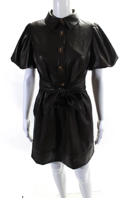 ladies-shirt-dress-beach-coverup-Toccin Womens Short Puff Sleeve Faux Leather Shirt Dress Brown