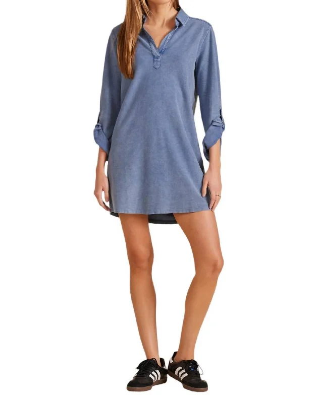 ladies-shirt-dress-subtle-charm-Tab Sleeve Denim Shirt Dress In Indigo