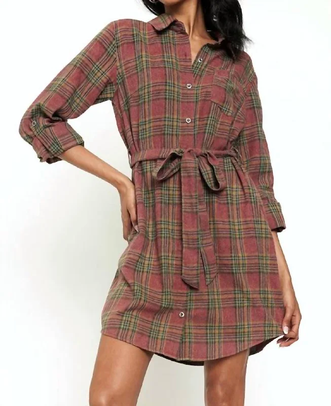 ladies-shirt-dress-slim-fit-Gracie Bleach Dye Plaid Shirtdress In Brown