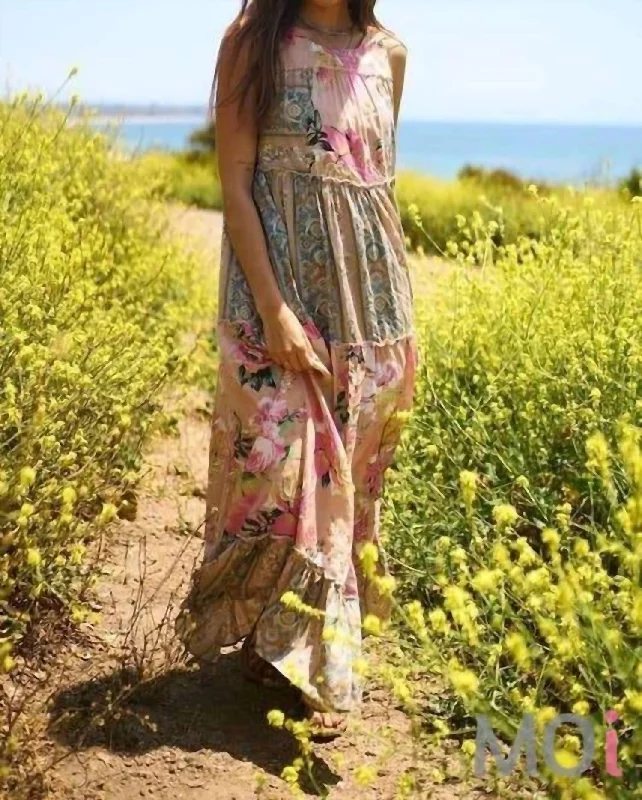 Women's maxi dress sway ripple -Floral Boho Mixed Print Maxi In Pink