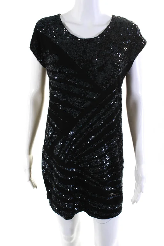 ladies-shirt-dress-silk-smooth-Roberto Cavalli Womens Black Navy Sequins Detail Short Sleeve Shirt Dress