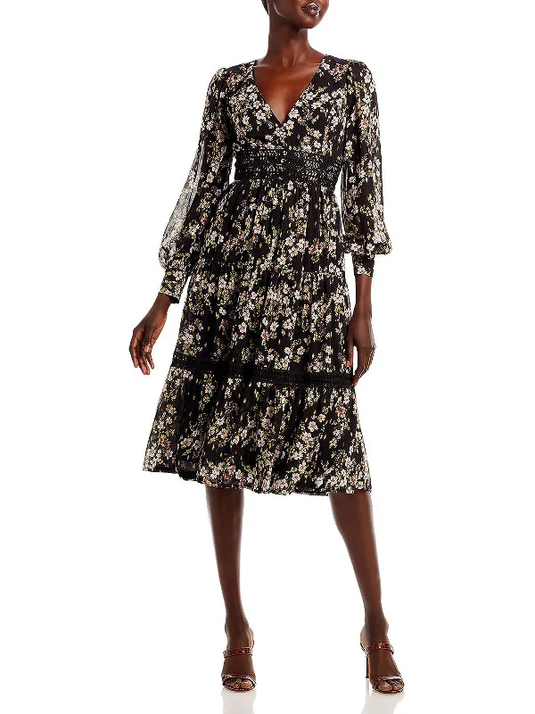 ladies-midi-dress-party-poise-Womens Floral Print Crochet Trim Midi Dress