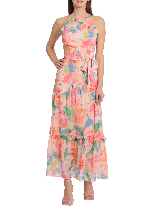 Women's maxi dress striking hue -Womens Floral Maxi Halter Dress