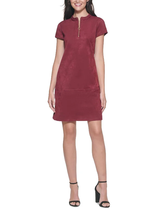 ladies-midi-dress-bell-sleeve-beauty-Womens Faux Suede Midi Shift Dress