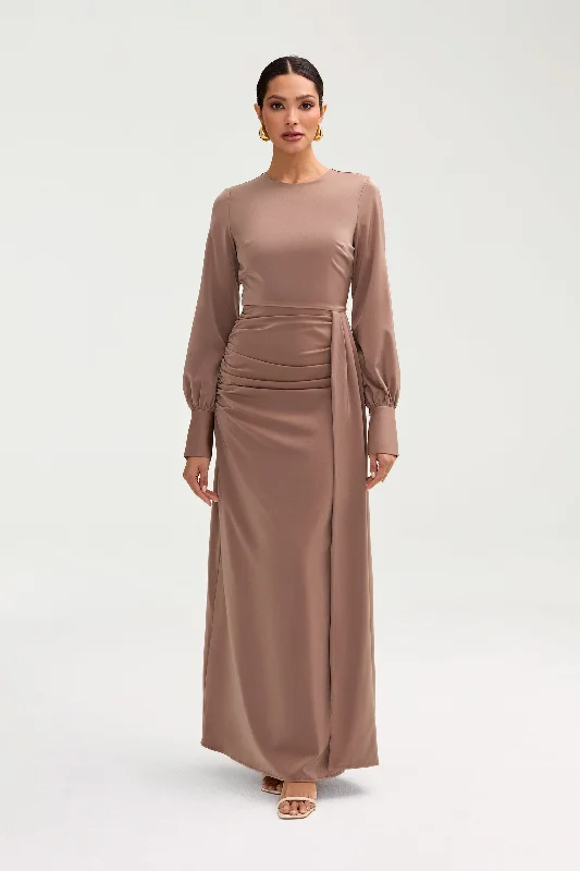 Women's maxi dress low ripple -Laylani Satin Rouched Maxi Dress - Taupe