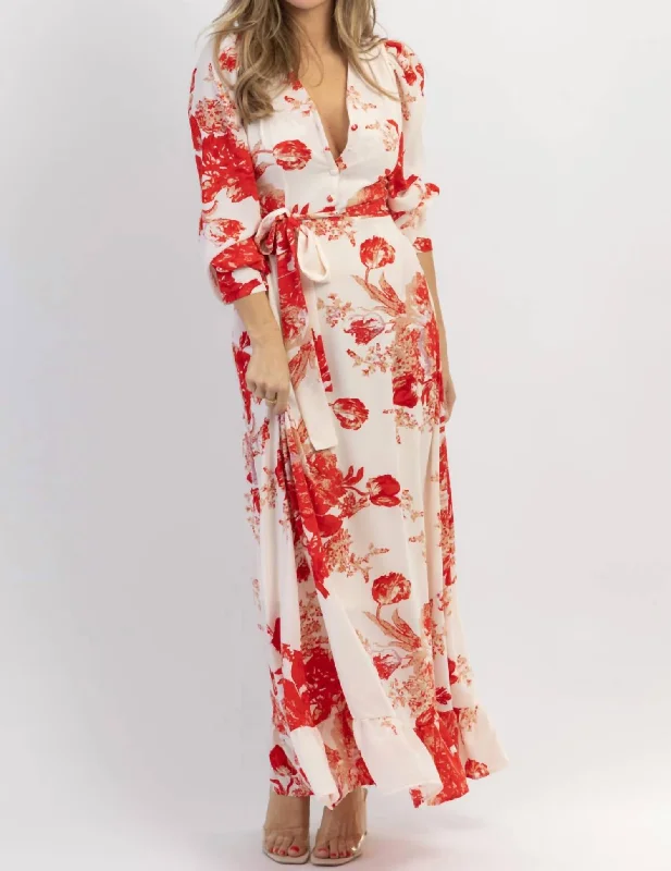 Women's maxi dress snow flow -Ritzy Floral Maxi Dress In Red