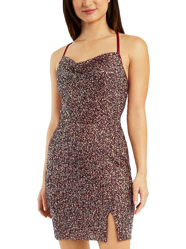 Women's bodycon dress urban edge -Juniors Womens Sequined Cowl Neck Bodycon Dress