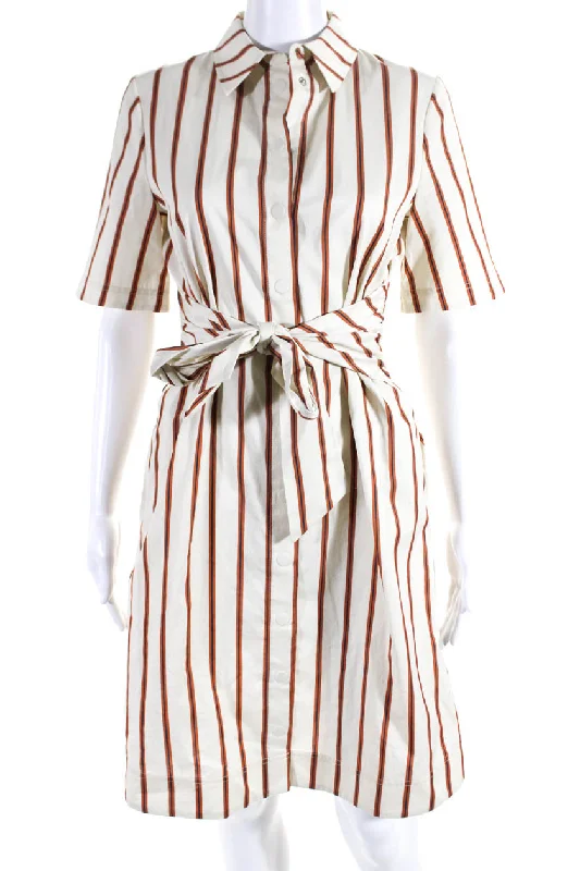 ladies-shirt-dress-pleated-skirt-Jason Wu Womens Belted Short Sleeve Striped Button Down Shirt Dress Beige