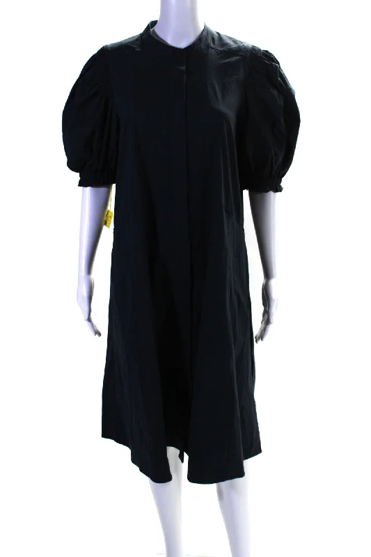 ladies-shirt-dress-button-down-Foil Womens Back In Business Puff Sleeve Midi Shirt Dress Navy Blue