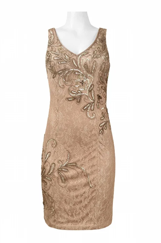 Women's bodycon dress dinner -Bodycon Embellished Lace Dress In Taupe