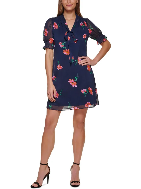 ladies-mini-dress-claret-crush-Womens Floral Print Mini Tie-Neck Shift Dress