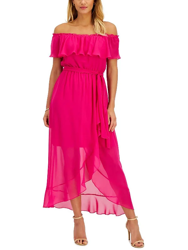 Women's maxi dress bare flow -Womens Ruffled Belted Maxi Dress