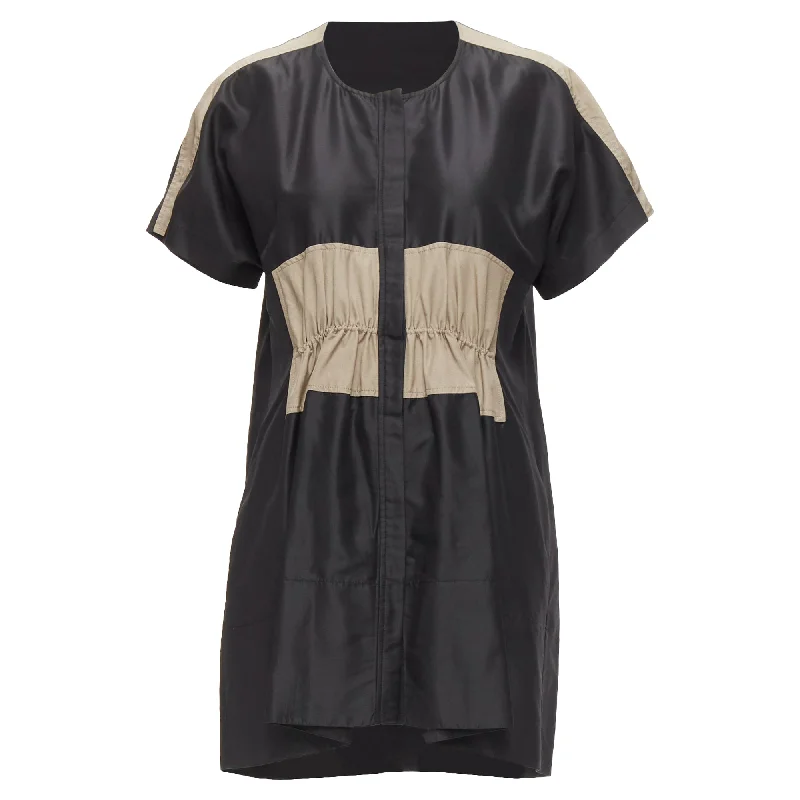 ladies-shirt-dress-sage-serene-Balenciaga khaki blend colorblock ruched shirt dress