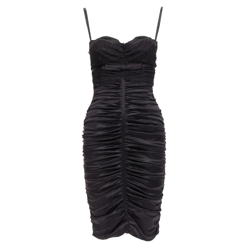 Women's bodycon dress fitted -Dolce Gabbana Silk Blend Bow Lace Ruched Corseted Bodycon Dress