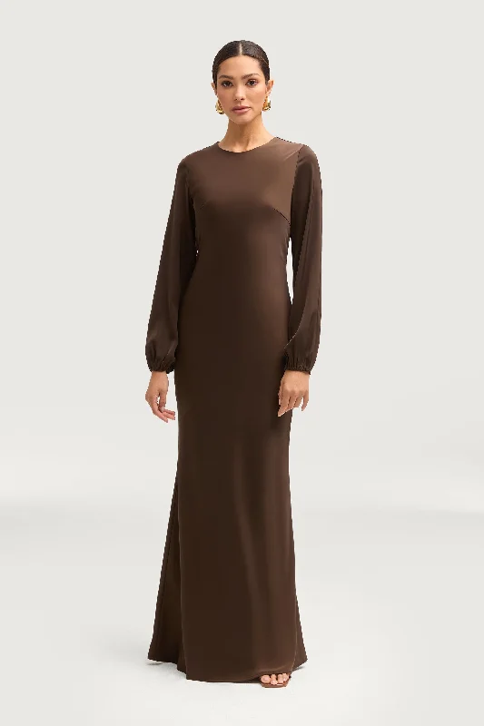 Women's maxi dress bright sweep -Kamila Satin Maxi Dress - Espresso