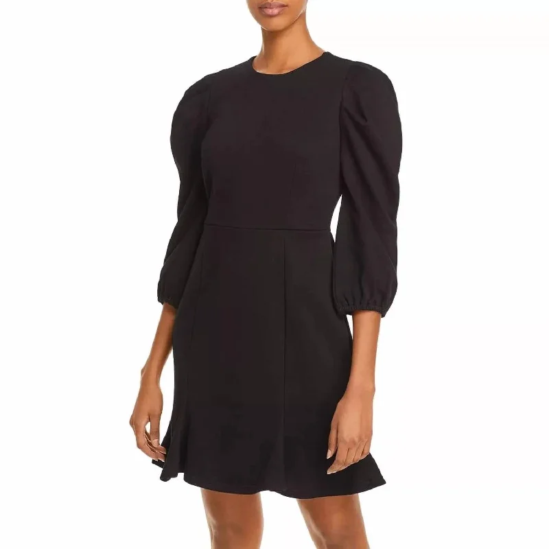 ladies-shirt-dress-runway-inspired-Puff Sleeve Tunic Sweatshirt Ruffle Casual Knit Mini Dress In Black