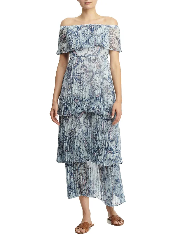 ladies-midi-dress-low-cut-luxe-Womens Pleated Printed Midi Dress