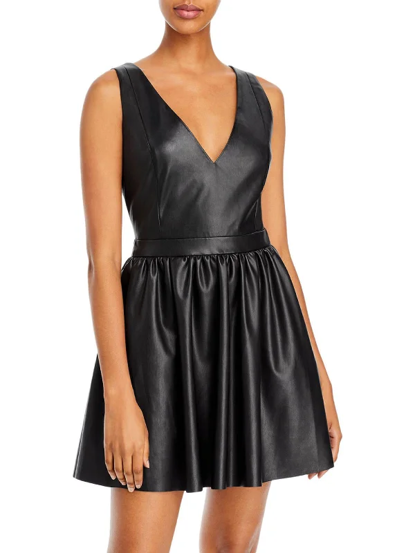 ladies-mini-dress-bold-bop-Womens Faux Leather Mini Fit & Flare Dress