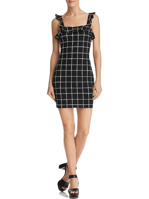 Women's bodycon dress glossy -Womens Ruffled Window Pane Bodycon Dress