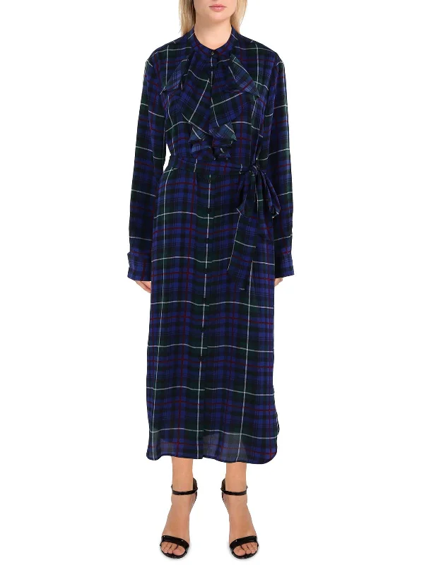 ladies-shirt-dress-saffron-glow-Adeola Womens Plaid Ruffled Shirtdress