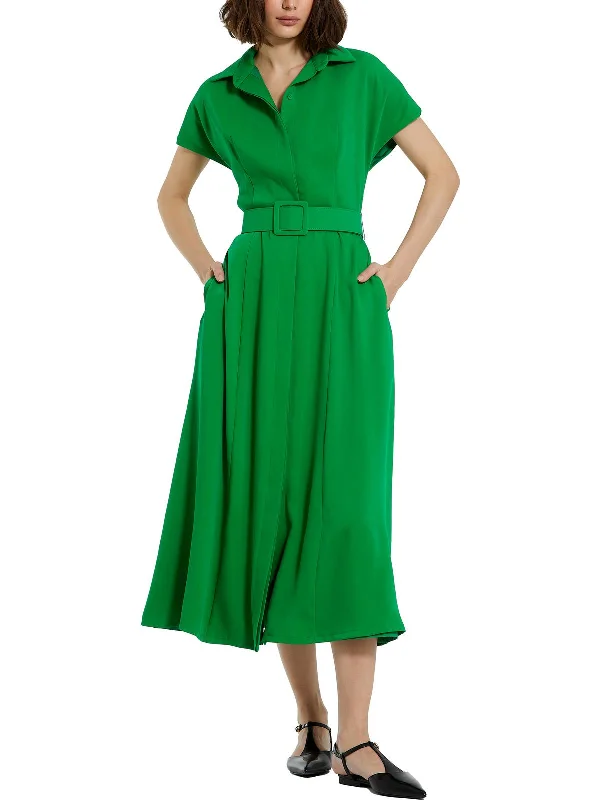 ladies-shirt-dress-forest-green-Womens Short Sleeve Collared Shirtdress