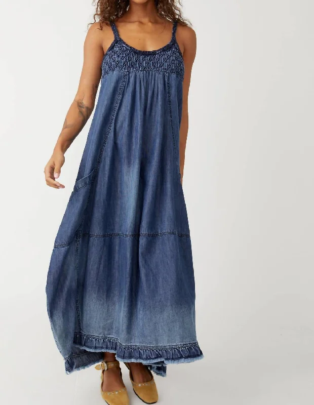 Women's maxi dress sweet drape -Clear Skies Maxi Dress In Denim