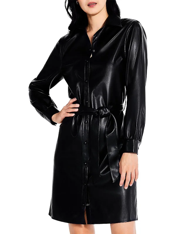 ladies-shirt-dress-matte-finish-Womens Faux Leather Knee Length Shirtdress