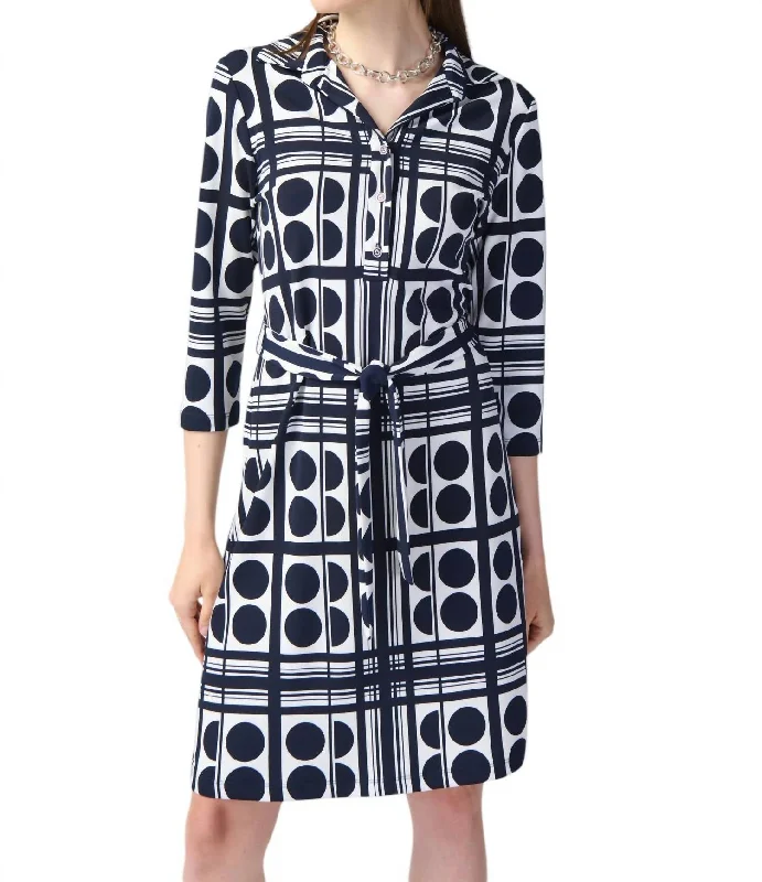 ladies-shirt-dress-sheer-overlay-Geometric Print Shirt Dress In Vanilla/midnight Blue