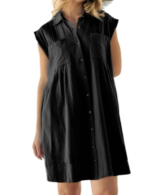 ladies-shirt-dress-structured-fit-Solid Collar Shirt Dress In Black