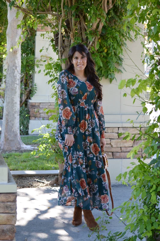 Women's maxi dress bud flow -Cassia Green Floral Maxi Dress