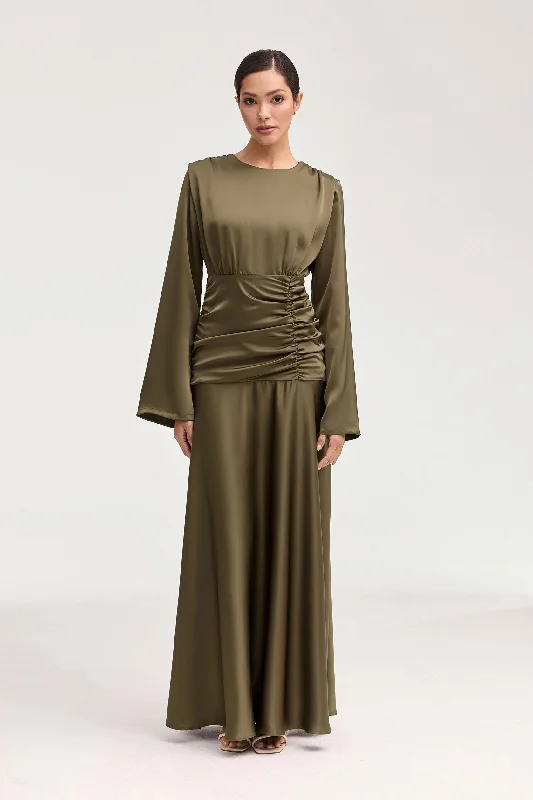 Women's maxi dress sway flow -Shams Satin Side Rouched Maxi Dress - Olive