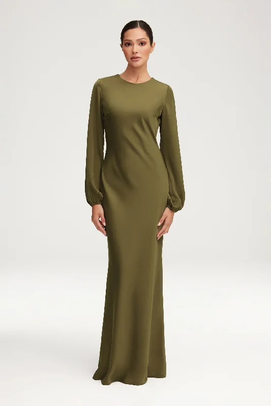 Women's maxi dress lazy flow -Kamila Satin Maxi Dress - Olive Night