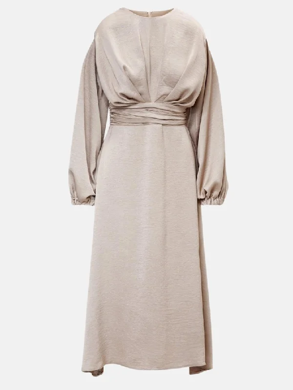 ladies-midi-dress-beach-billow-Beige Midi Dress With Shoulder Pads Detail And Pleats