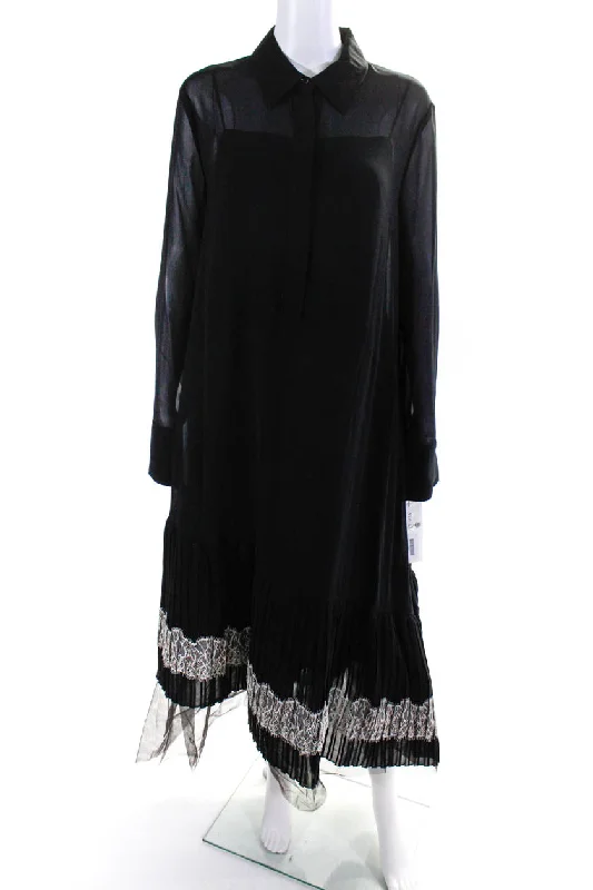 ladies-shirt-dress-shift-ease-Adeam Womens Pleated Lace Shirt Dress Black