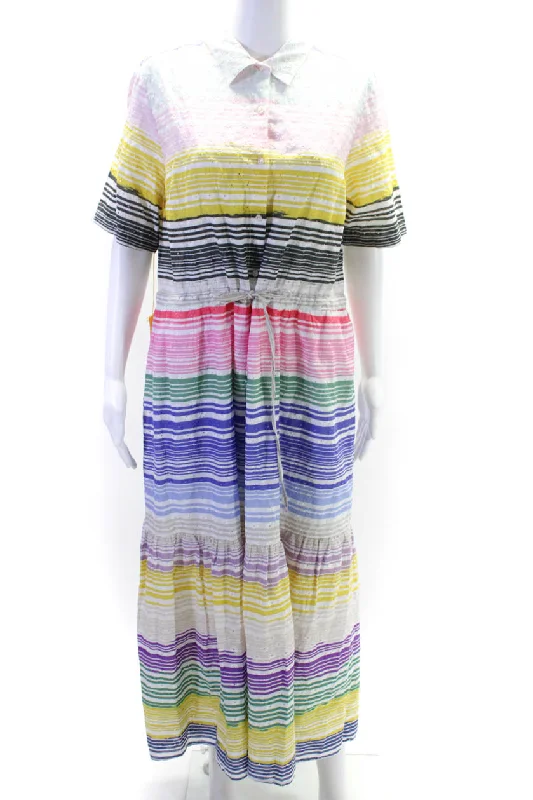 ladies-shirt-dress-office-chic-Vilagallo Womens Embroidered Striped Short Sleeve Shirt Dress Multicolor IT 46