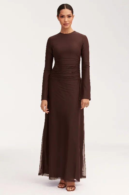 Women's maxi dress dip flow -Adelina Rouched Maxi Dress - Chocolate Plum