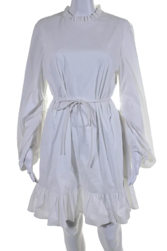 ladies-shirt-dress-plus-size-fit-Staud Womens Long Sleeves Belted Ruffled Neck Shirt Dress White Cotton